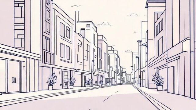 Cityscape animation of a quiet downtown street with minimalist line art style illustration