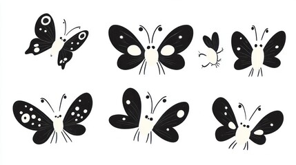 Cartoon black butterflies, white background, playful design, kids' book illustration