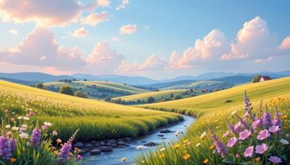 Serene Landscape with Flowing Stream and Wildflowers