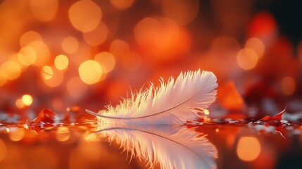 White feather reflecting on water, warm lighting