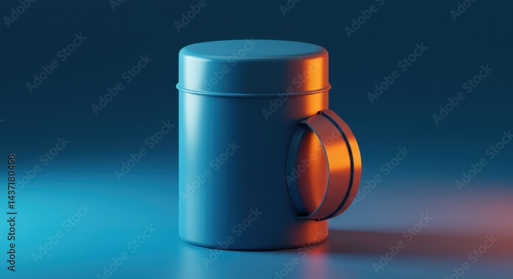 Poster cylindrical object with handle and lid against blue gradient background