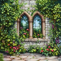 Fototapeta premium Faded European Castle with Stone Walls and Vines