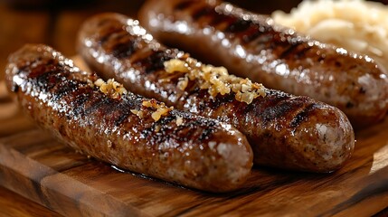 **Juicy Grilled German Bratwurst Sausages Served With Sauerkraut, Mustard, And Rye Bread, Festive Beer Hall Vibes For Oktoberfest Or German Restaurant Ad --Ar 16:9 --S 240** - @Darya (Relaxed)