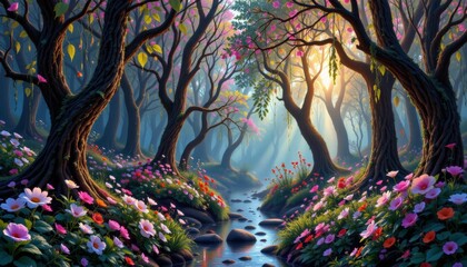 Enchanted Spring Forest with Blooming Flowers