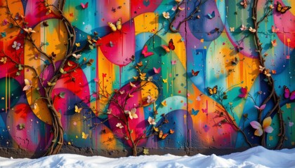 Colorful Abstract Wall with Butterflies and Blossoms