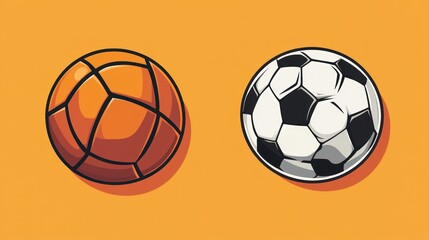 Basketball and soccer ball illustration.  Sport balls, game, competition, graphic, design, orange background, vector