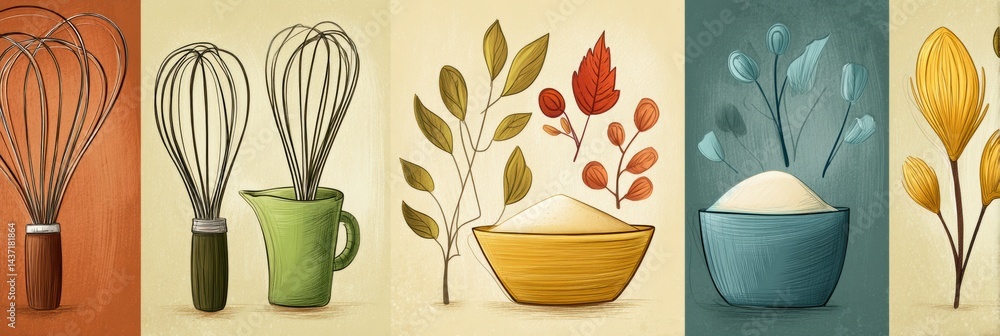 Poster Whisking Ingredients and Baking Essentials Create a Vibrant Bakery Theme With Whimsical Floating Elements