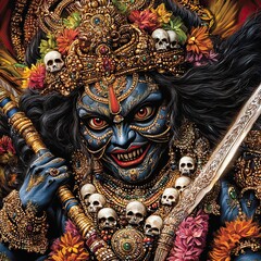Fototapeta premium Dark Skinned Goddess Kali in Vibrant Artwork
