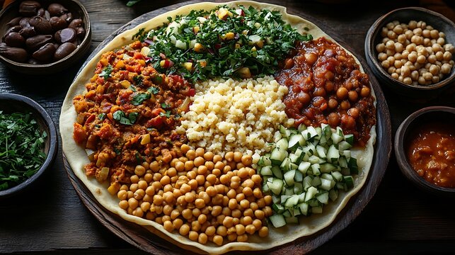 **Large Ethiopian Injera Flatbread Topped With Various Lentil, Chickpea, And Vegetable Stews In Colorful Mounds, Styled For Ethnic Restaurant Or World Food Culture Showcase --Ar 16:9 --S 280** - @Dary