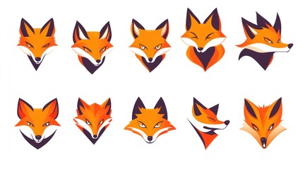 Twelve fox head illustrations; various poses, white background; design asset