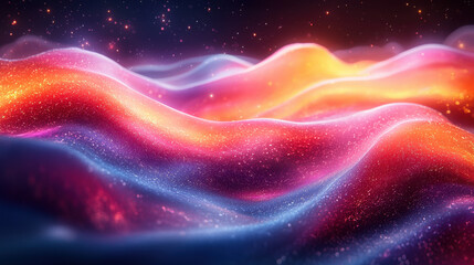 Obraz premium A mesmerizing 3D render of an abstract holographic neon wave, its vibrant colors swirling and shifting like liquid mercury in the moonlight. The wave, curved and flowing, fills a colorful background, 