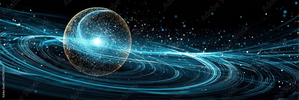 Poster Floating AI Orb Surrounded by a Vibrant Energy Field and Swirling Data in a Futuristic Setting