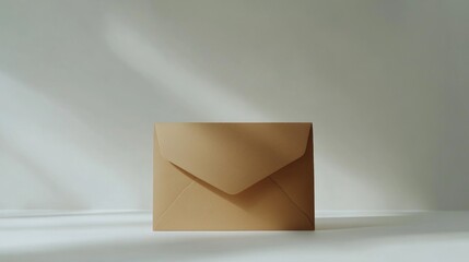 Beige envelope on plain background. Sunlight casts soft shadows