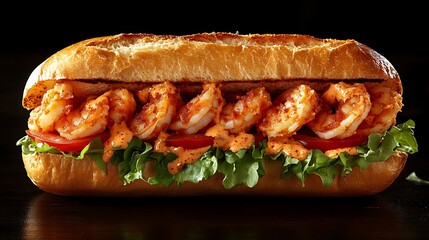 **Louisiana-Style Shrimp Po’Boy Sandwich With Crispy Fried Shrimp, Lettuce, Tomato, And Spicy Remoulade Sauce In A Baguette, Styled For Southern Seafood Restaurant Or Sandwich Shop Ad --Ar 16:9 --S 28