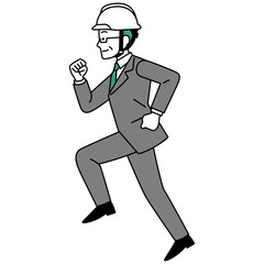 走るスーツにヘルメットの中年男性（横向き）