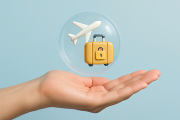 Insurance bubble with plane & suitcase suitable for travel insurance concept. Provides visual representation for insurance companies, travel agencies, and bloggers.