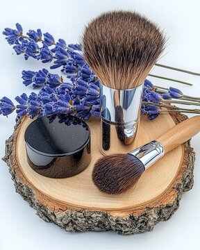 A classic shaving brush and razor resting on a rustic wooden slice perfect for grooming rituals