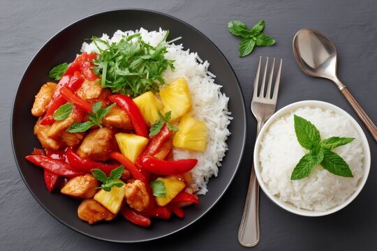Sweet and sour chicken with rice and pineapple garnished with fresh mint