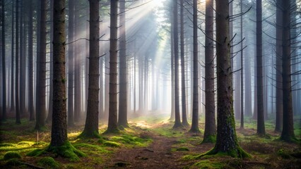 Obraz premium Tranquil Forest Scene with Sunlight Filtering Through Dense Pine Trees and Misty Atmosphere