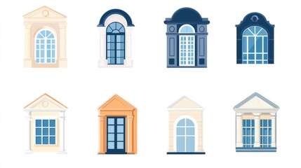 Obraz premium Eight architectural window designs, various styles, white background, for design use