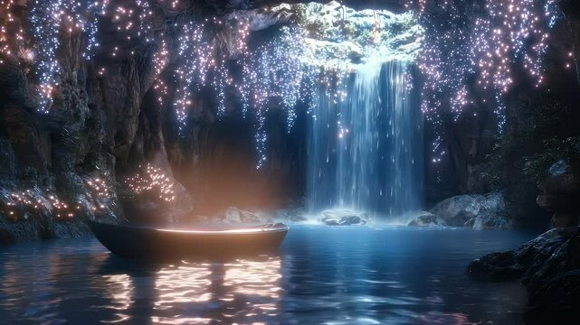 tucked-away cave behind a waterfall, lit by softly glowing vines in blues and purples. Water droplets sparkle like tiny crystals