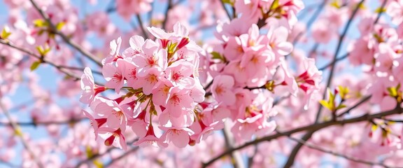 Delicate pink cherry blossoms in full bloom on a spring day, sunlight dappling petals, cherry tree, pink flowers