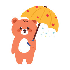 cute drawing cartoon bear with yellow umbrella and heart shower. cute drawing for kids sticker, doodle sticker