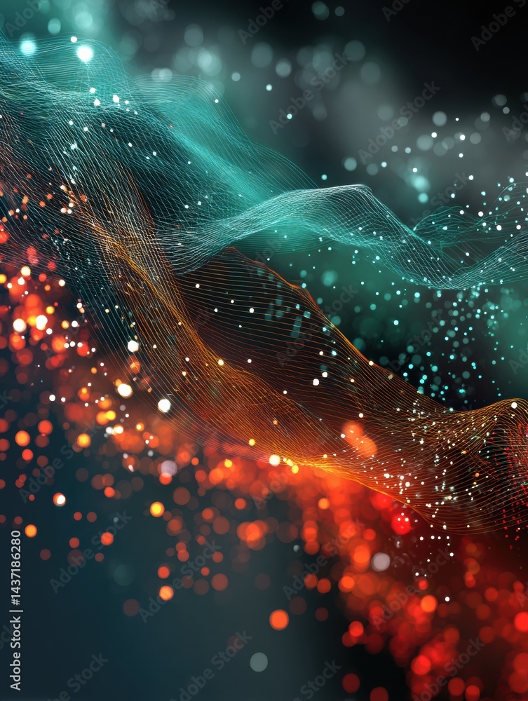 Poster Gradients of Flowing Data Particles Create a Dynamic Visual Experience in Shades of Blue, Orange, and Red