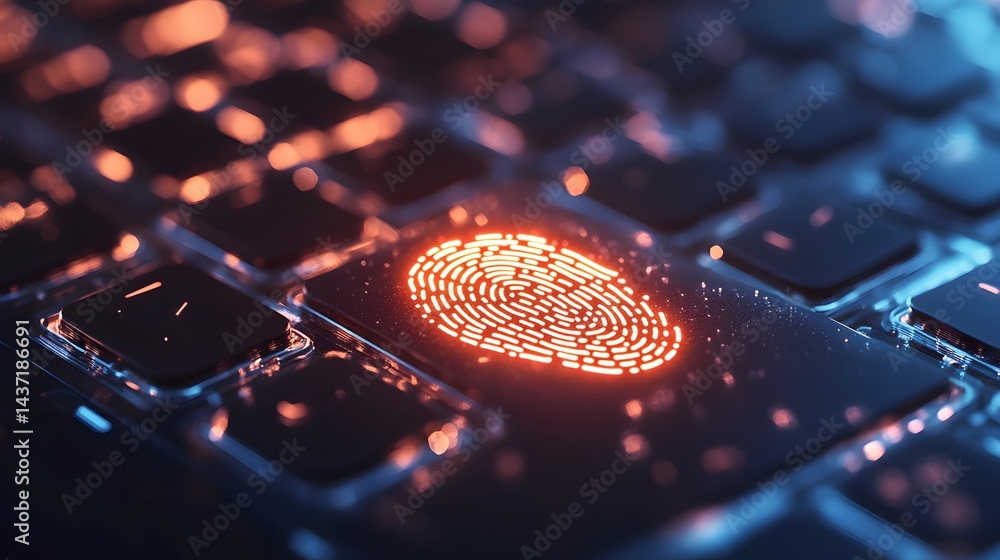 Poster digital fingerprint scan on a laptop keyboard.