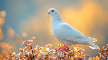 Fototapeta premium A pure white dove, its wings like pristine canvases, drifted gracefully against the backdrop of a transparent sky, a symbol of peace and tranquility against the vast expanse of the universe 