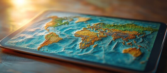 World Map on Tablet, Digital Relief, Light Background