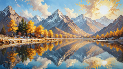 Obraz premium Golden Autumn Reflections Majestic Mountain Lake Landscape Painting