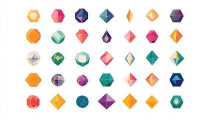 Colorful gemstone collection, geometric shapes, white background, design elements