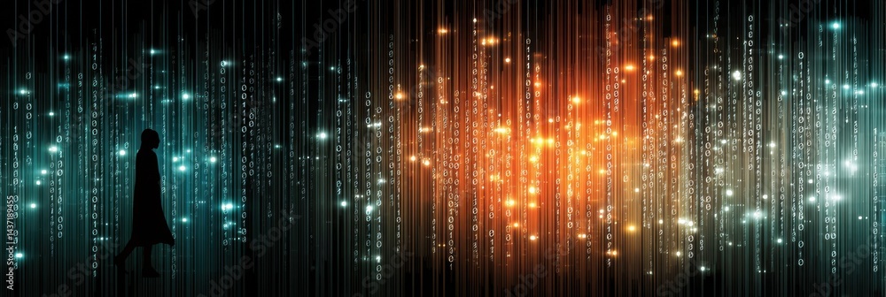 Poster Silhouette of a Person Merging With Streams of Binary Code and Luminous Nodes in a Digital Landscape at Night