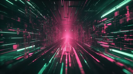 Obraz premium A futuristic tech-inspired abstract composition featuring glowing neon pink and green geometric patterns and light trails.