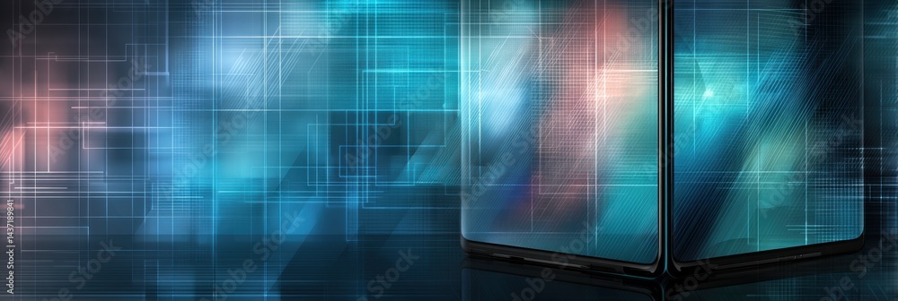 Fototapete foldable dual-screen smartphone displayed against a tech grid background showcasing innovation in mo