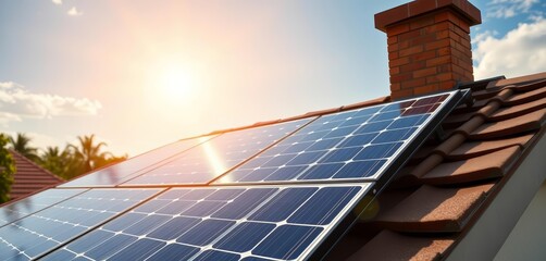 Obraz premium Close-up of solar panel on residential roof, sunny sky, technology, sun