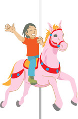 メリーゴーランドで手をふる少女