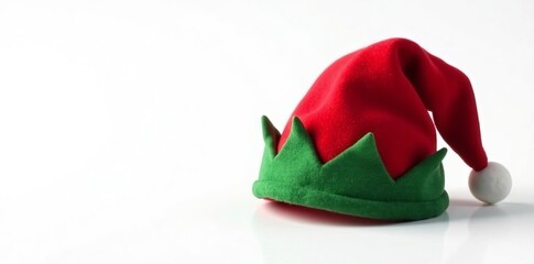 Festive red and green elf hat with jingle bells on white background, decoration, jingle bells