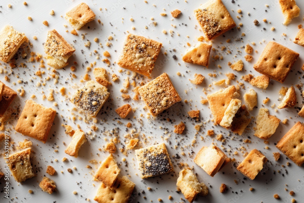 Poster broken cookies scattered across a flat surface, showcasing a mix of textures and flavors in a sweet 