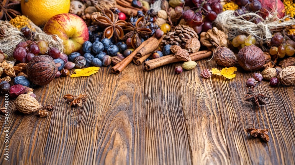 Aufkleber a colorful array of fresh fruits and nuts displayed on a rustic wooden table ready for enjoyment
