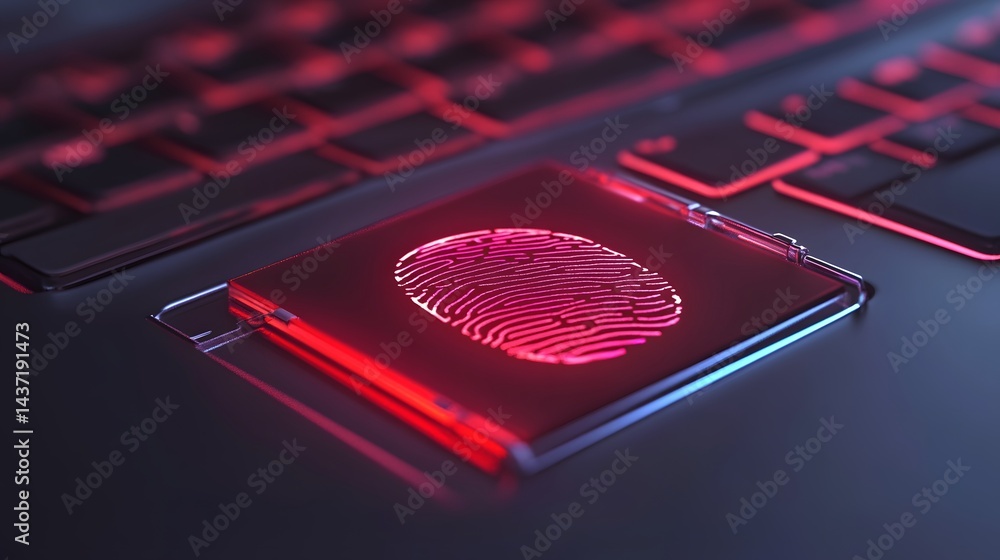 Poster digital biometric identification process on a laptop keyboard.