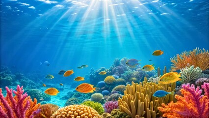 Naklejka premium Vibrant Underwater Scene with Colorful Coral Reef and Tropical Fish Swimming