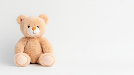 Obraz premium Adorable teddy bear sitting on white background. Soft, plush toy, perfect for children