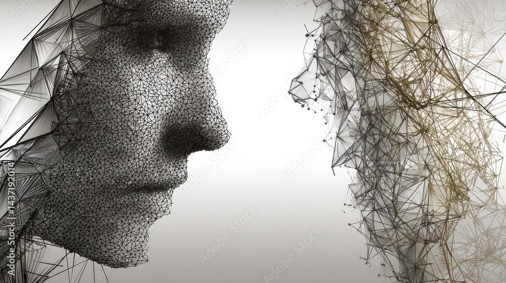 Poster Human Face Split Between Organic Features and Robotic Mesh, Showcasing the Fusion of Technology and Humanity in a Futuristic Concept