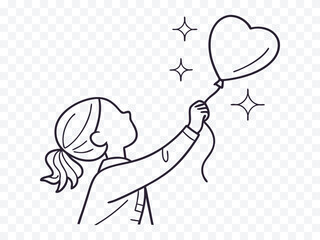 Cute line art of a little girl holding a heart-shaped balloon with sparkling stars around, symbolizing love, innocence, dreams, celebration, and joyful moments in minimalist illustration style.