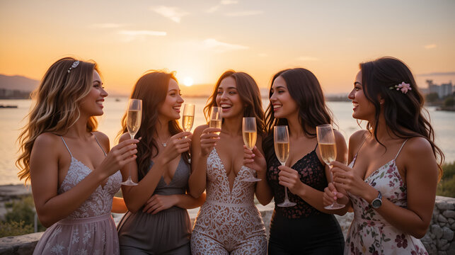 Hen party celebration. Multiracial ladies drinking champagne, hanging out, celebrating bachelorette party at sunset
