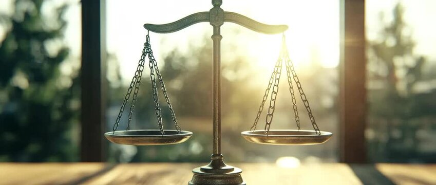 Justice in Balance: A meticulously crafted, classic balance scale stands on a wooden surface with the sunlight filtering in the background, symbolizing fairness and the weight of the law.