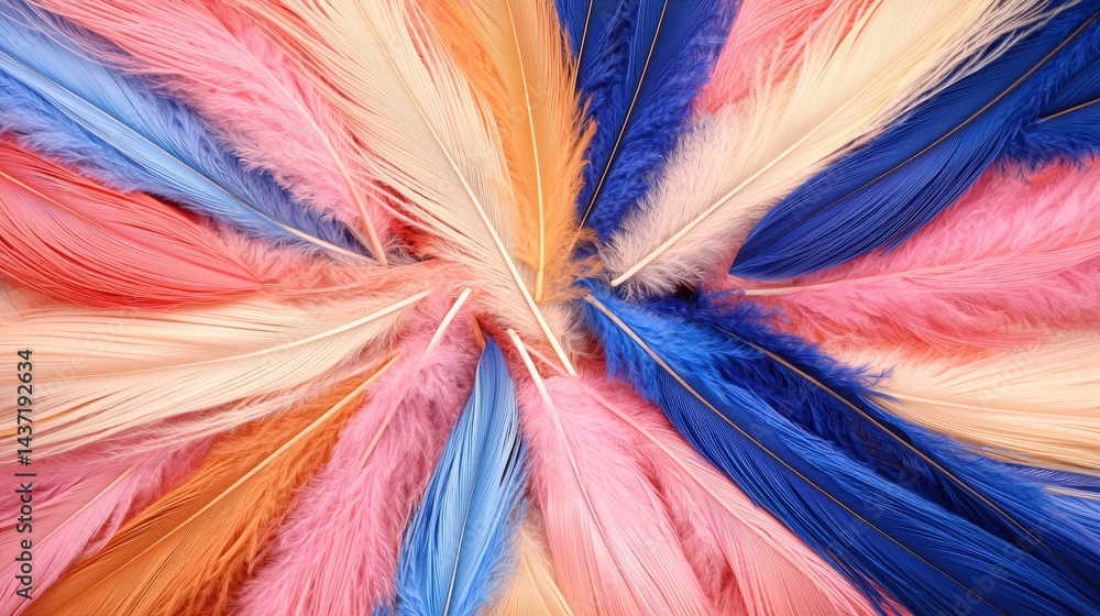 Poster a unique colorful feather displaying intricate patterns and vibrant hues against a neutral backgroun