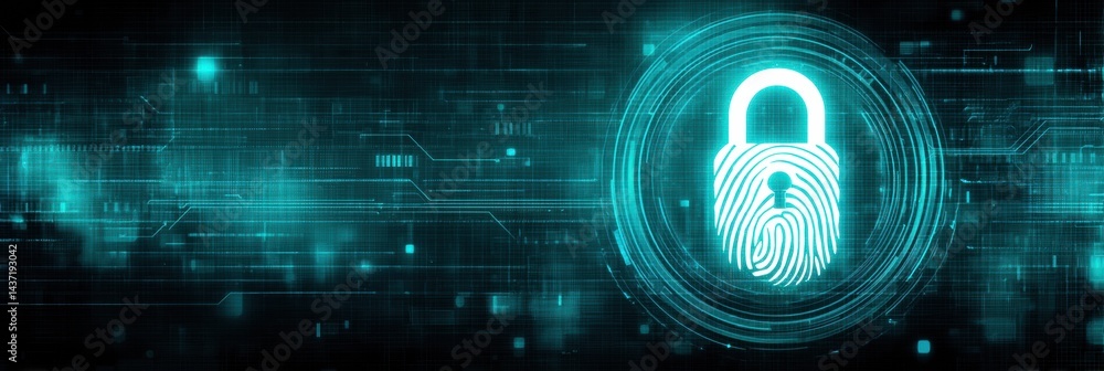 Poster holographic padlock and fingerprint icon represent cyber security in a digital environment with gree
